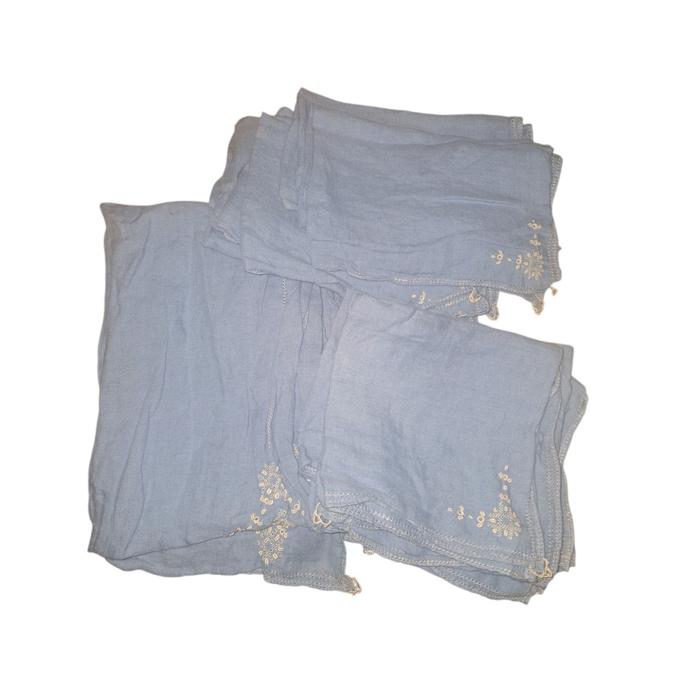 Vintage Blue Linen Table Runner and Napkin Set Floral Embroidery Lace Trim